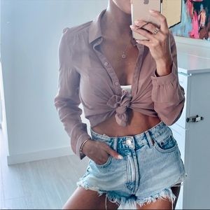Frenchi Beautiful Mauve Chiffon Sheer Button Down Shirt XS